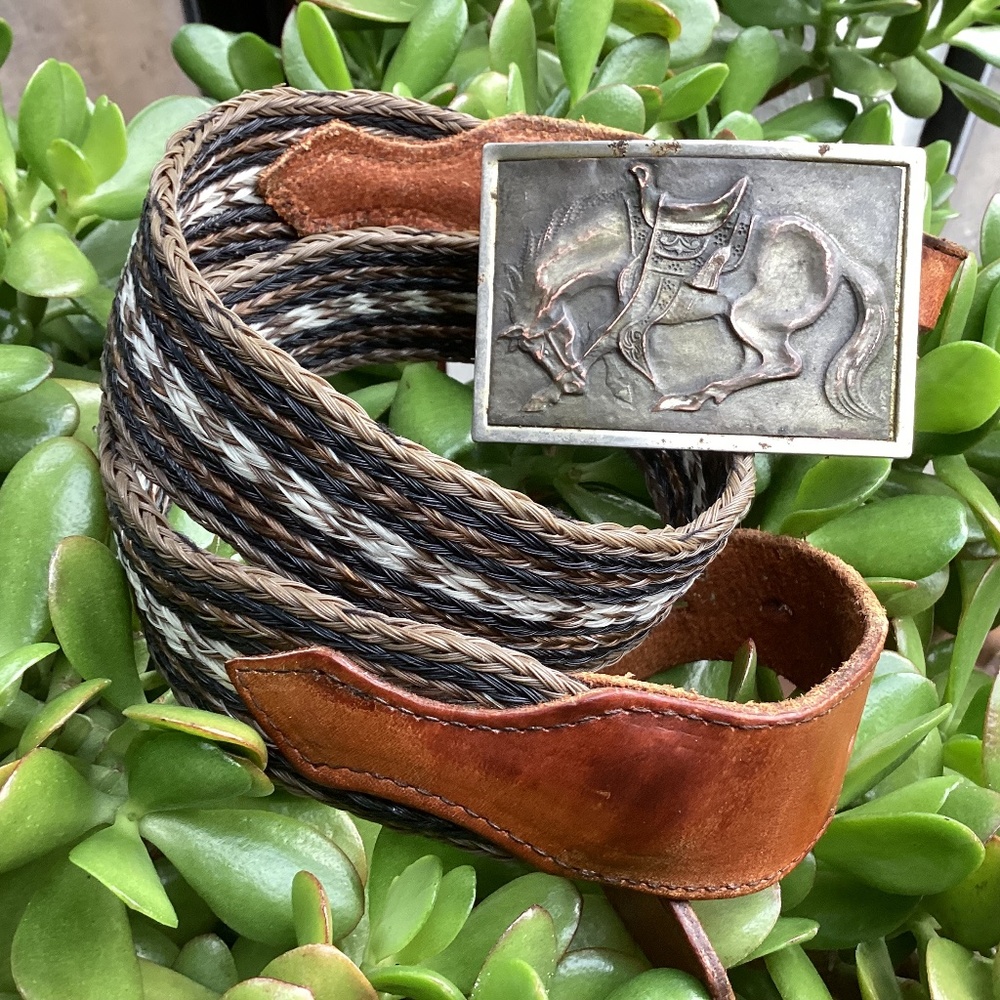 Vintage Nickel Plated Horse Buckle Leather Horsehair Belt